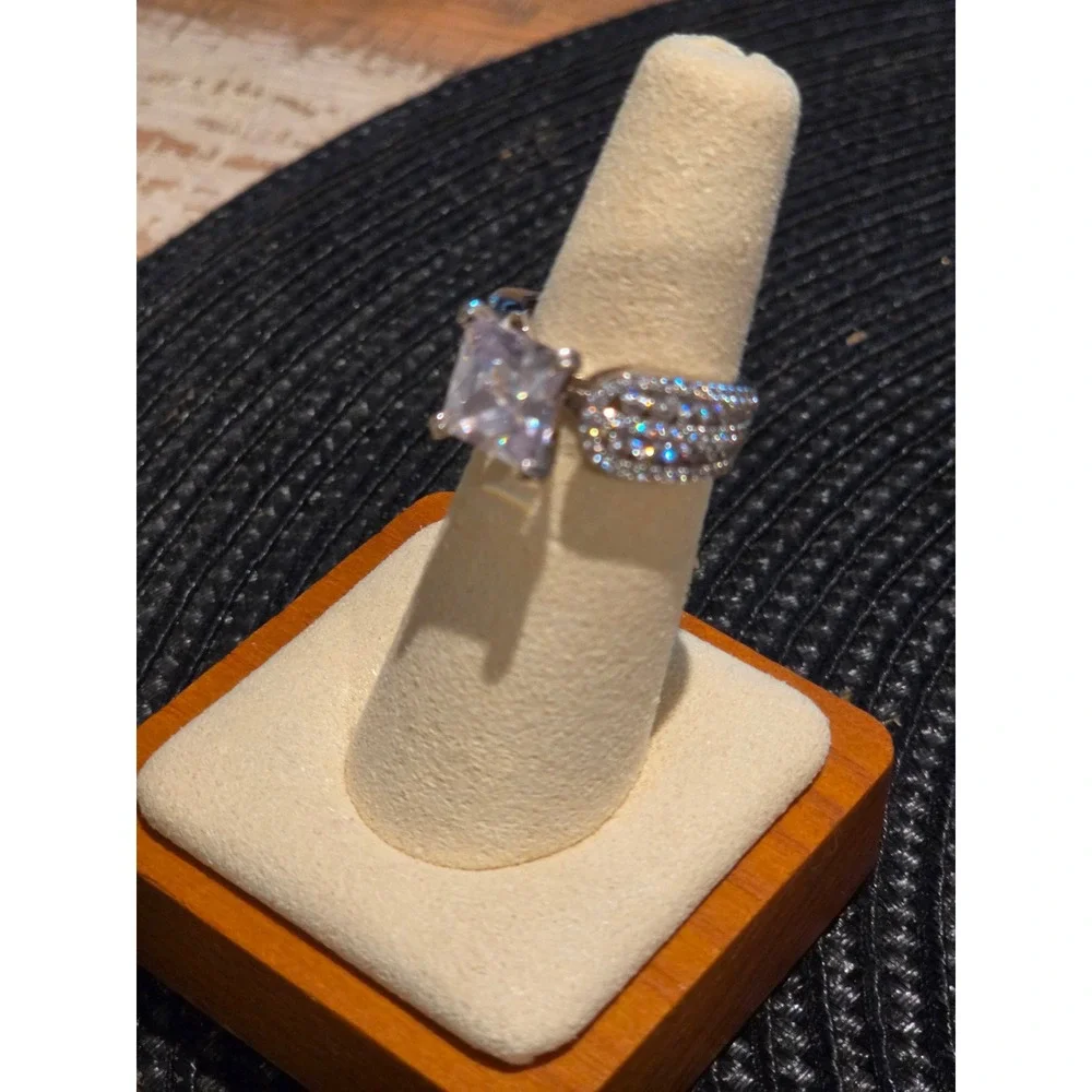 Princess Cut Clear Stone Statement Ring Silver Tone Pave Band Size 6